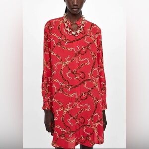 Zara Basic 3/4 Sleeve Chain Belt Print Mini Dress Large Red